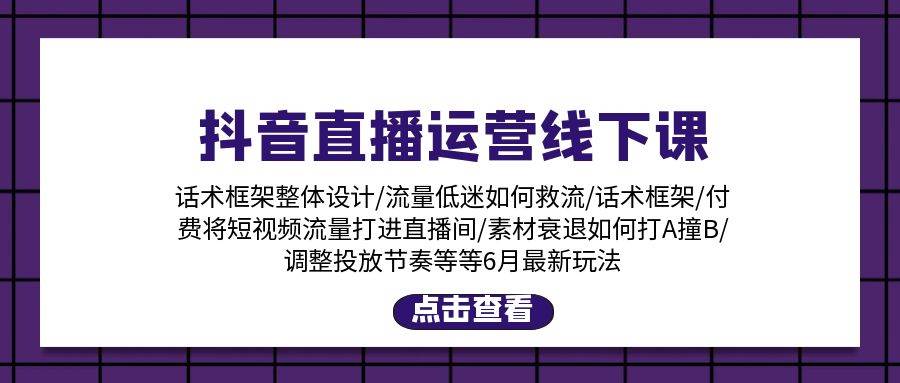 抖音直播运营线下课：话术框架/付费流量直播间/素材A撞B/等6月新玩法创客之家-网创项目资源站-副业项目-创业项目-搞钱项目创客之家