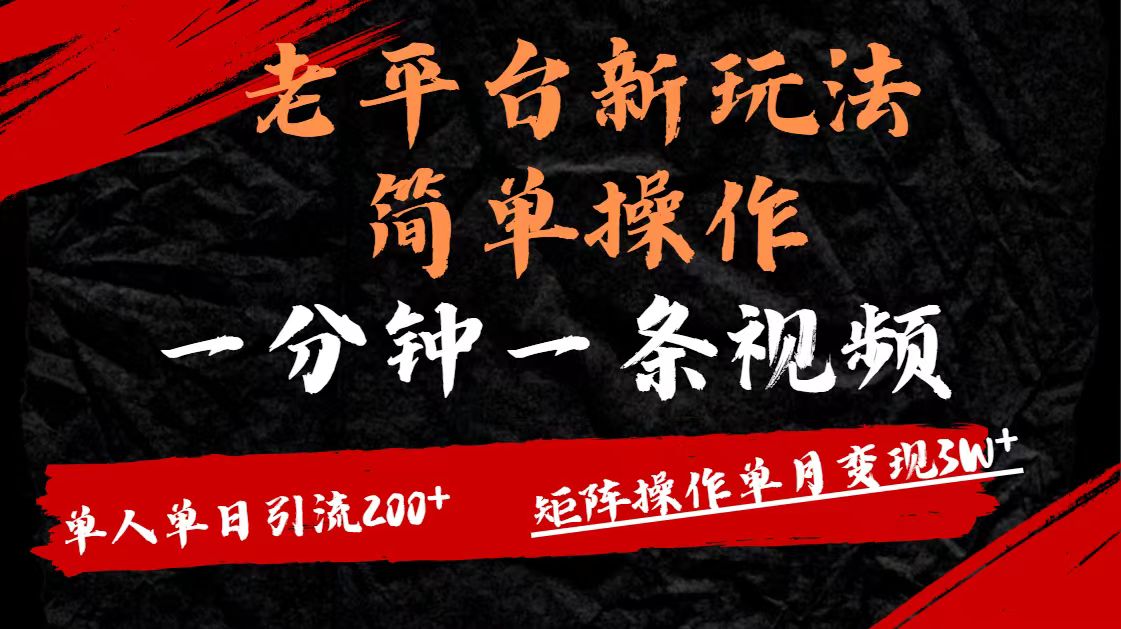 老平台，新玩法，简单操作，一分钟一条视频，单人单人引流200+矩阵操作，单月变现3W创客之家-网创项目资源站-副业项目-创业项目-搞钱项目创客之家