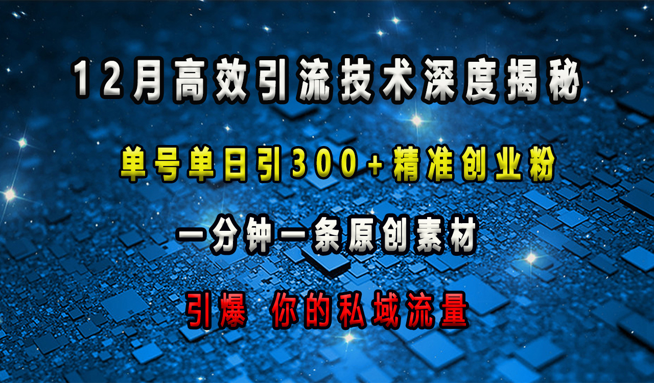 12月高效引流技术深度揭秘 ，单号单日引300+精准创业粉，一分钟一条原创素材，引爆你的私域流量创客之家-网创项目资源站-副业项目-创业项目-搞钱项目创客之家